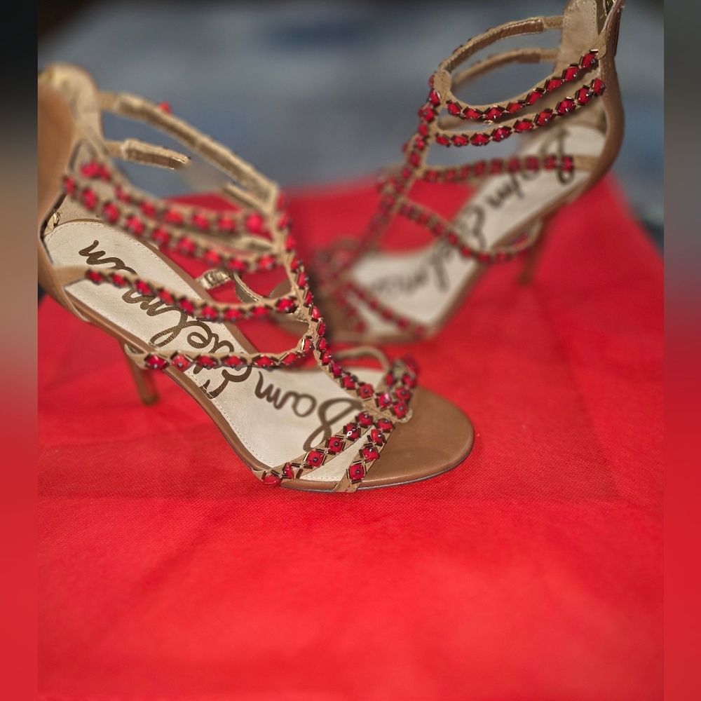 Sam Edelman Tan 4” Sandal/Heels with Stunning Red Bead Detail- Women's Size 10